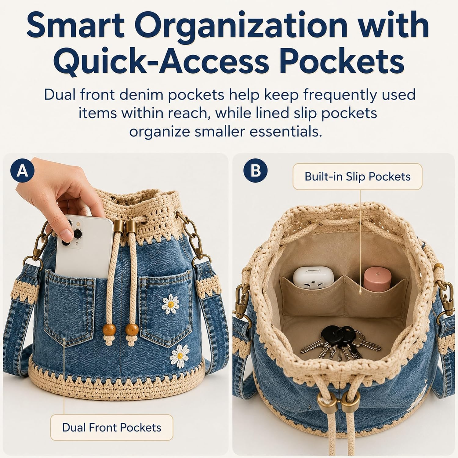 Women's Denim Crochet Bucket Tote Bag Blue Women's Denim Crochet Bucket Tote Bag Blue