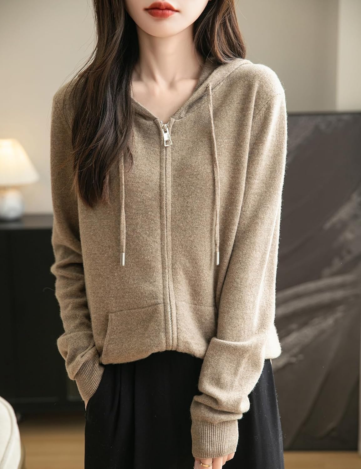 Women's 100% Merino Wool Zip Up Hoodies Fall Winter Warm Long Sleeve Knit Sweatshirt Cardigan with Pocket