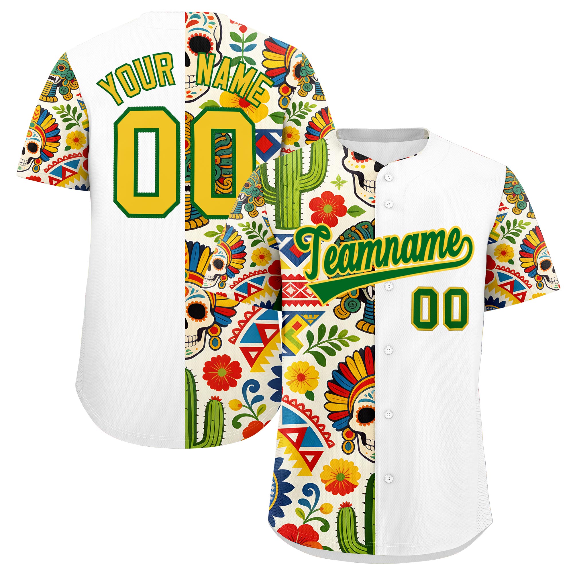 Benutzerdefiniertes Baseball-Trikot aus Stretchstoff mit Graffiti-Muster im mexikanischen Stil Benutzerdefiniertes Baseball-Trikot aus Stretchstoff mit Graffiti-Muster im mexikanischen Stil