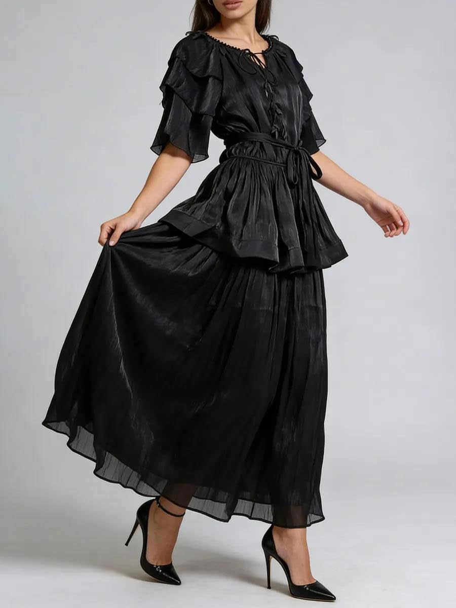 Women's Tiered Maxi Dress Flutter Sleeve Tie Waist Rust
