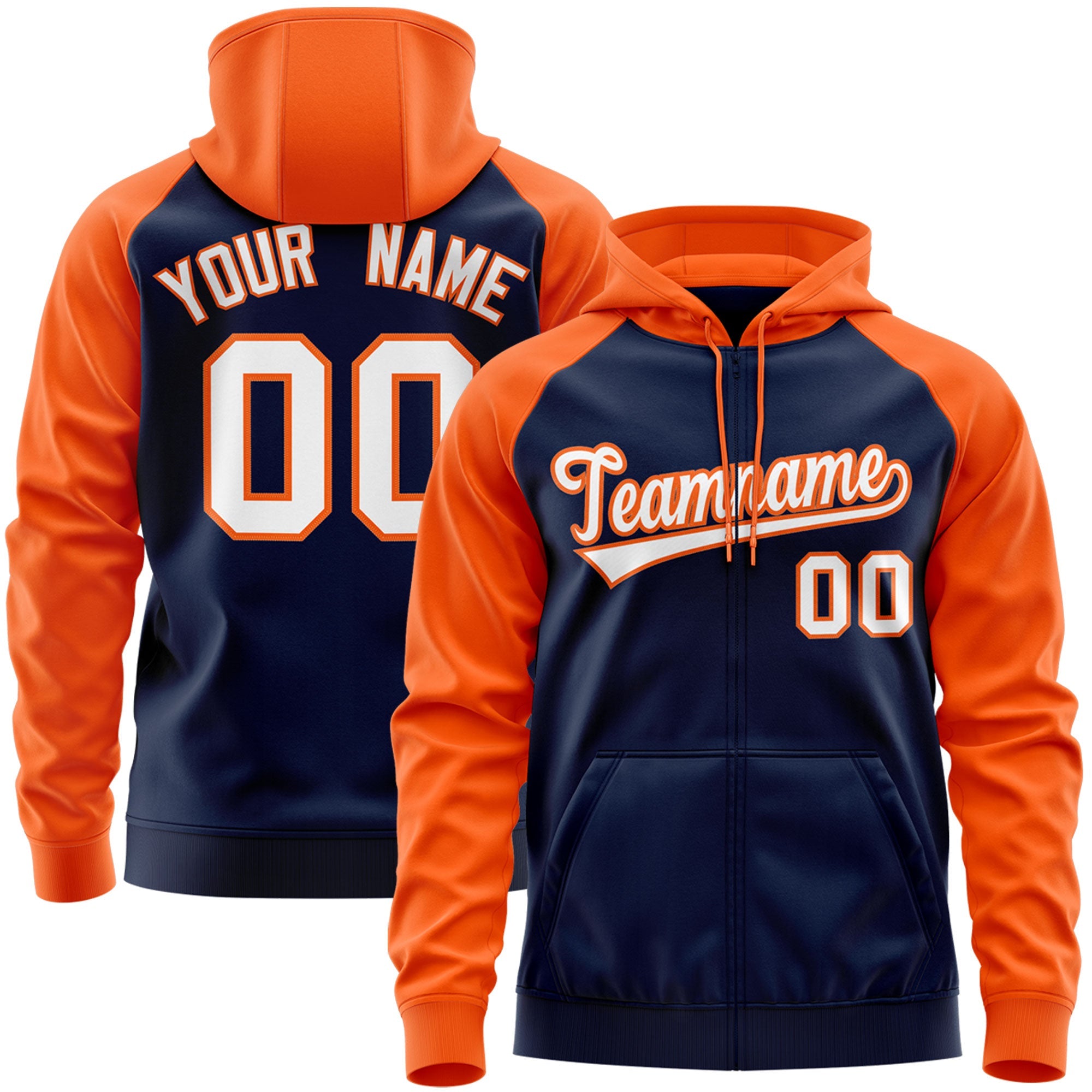 Individuell genähter Sport-Sweatshirt-Hoodie mit Raglanärmeln in Marineblau und Weiß-Orange