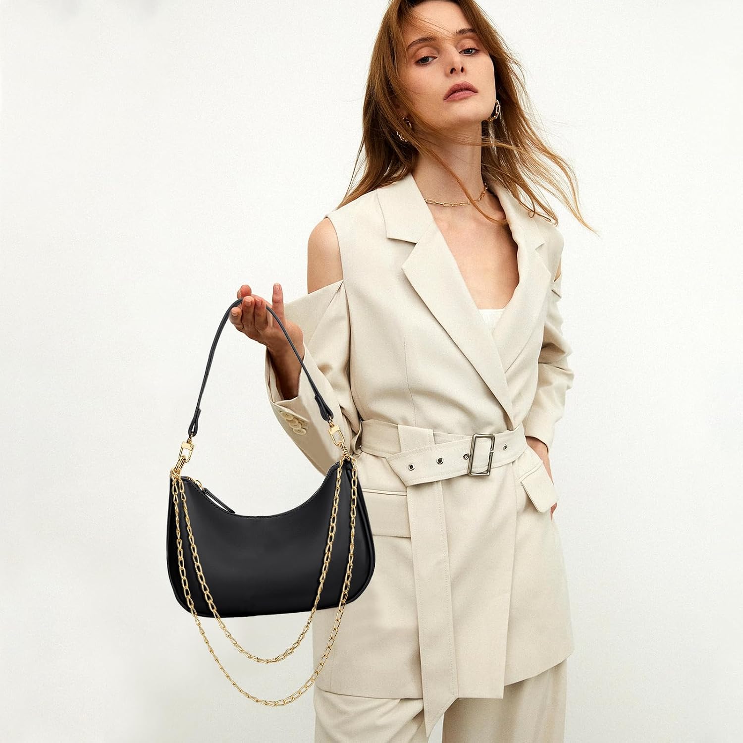 Women's Black PU Shoulder Bag Detachable Chain Strap