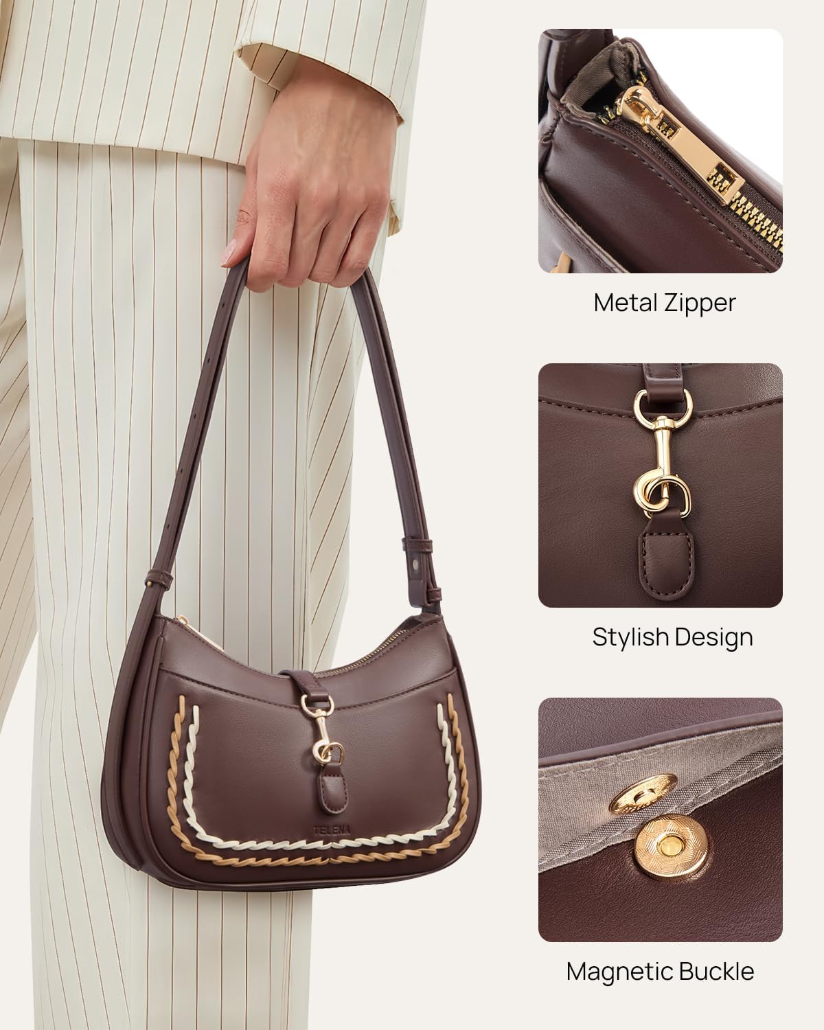 Women's Braided Trim Shoulder Bag with Gold Ring Clasp