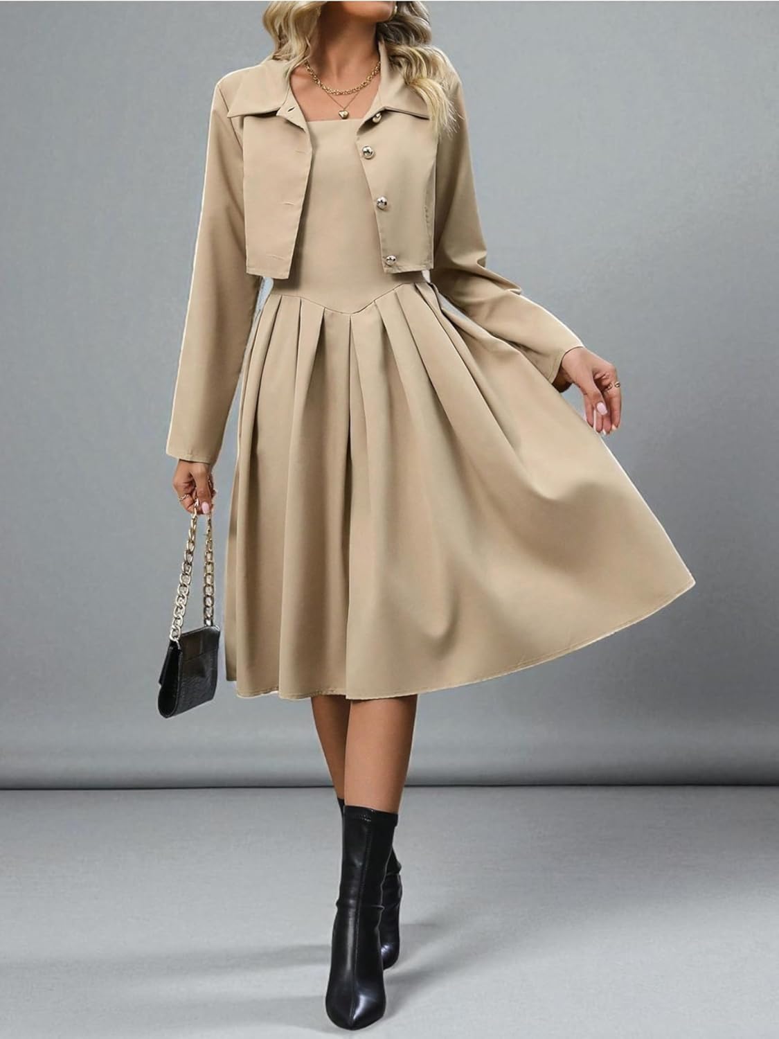 Women's Blazer Dress 2-Piece Set Pleated Square Neck Khaki