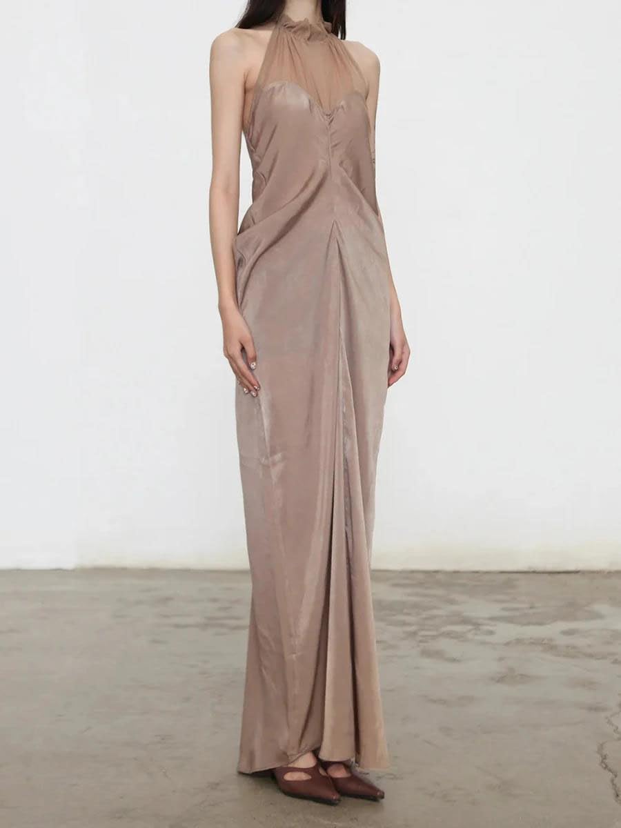 Women's Halter Maxi Dress Sheer Mesh Neck Ruched Nude Women's Halter Maxi Dress Sheer Mesh Neck Ruched Nude