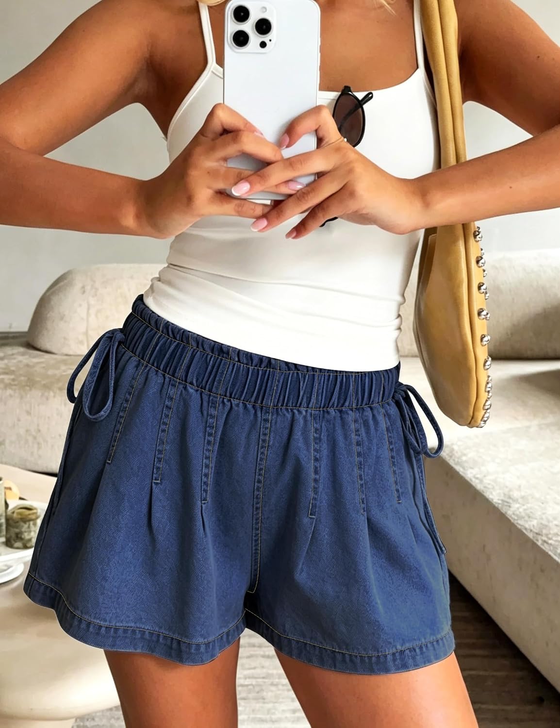 Jean Shorts Womens Elastic High Waisted Wide Leg Pleated Denim with Pockets Bow Summer Jorts for Women