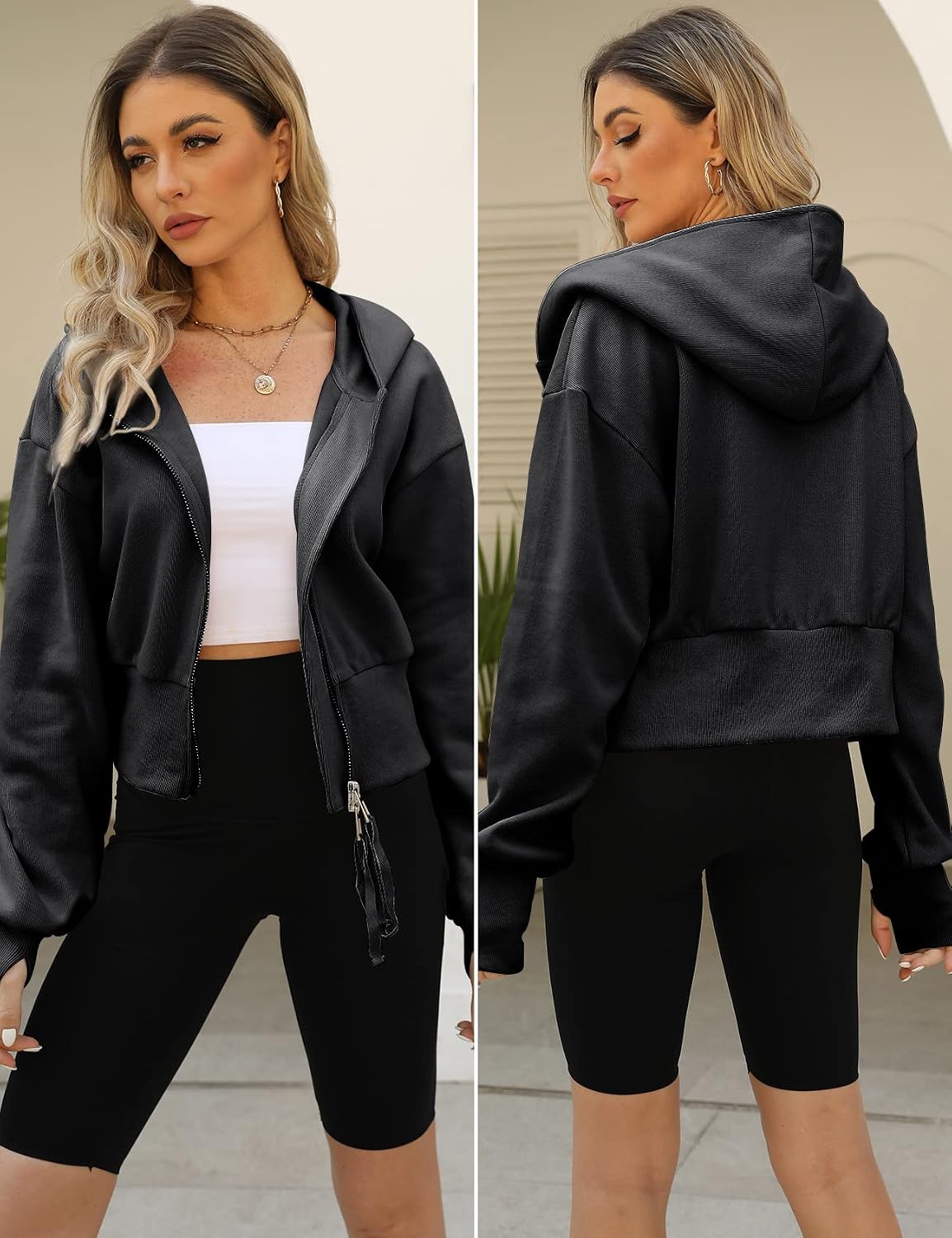 Cropped Hoodie Women Zip Up Long Sleeve Sweatshirts Casual Hooded Workout Jacket Crop