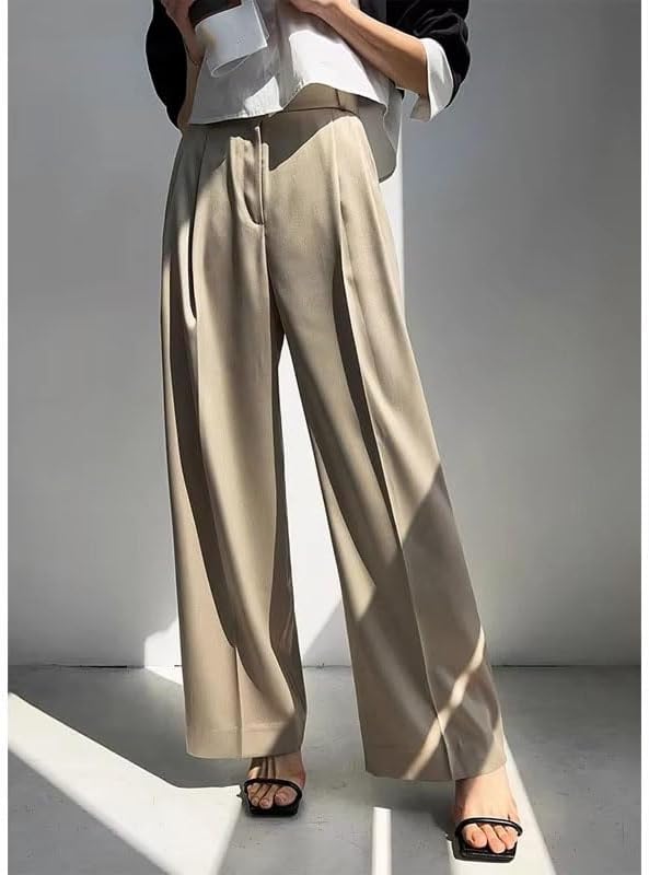 Women's High Waist Straight Trousers Loose Wide Leg Pants with Pockets Spring