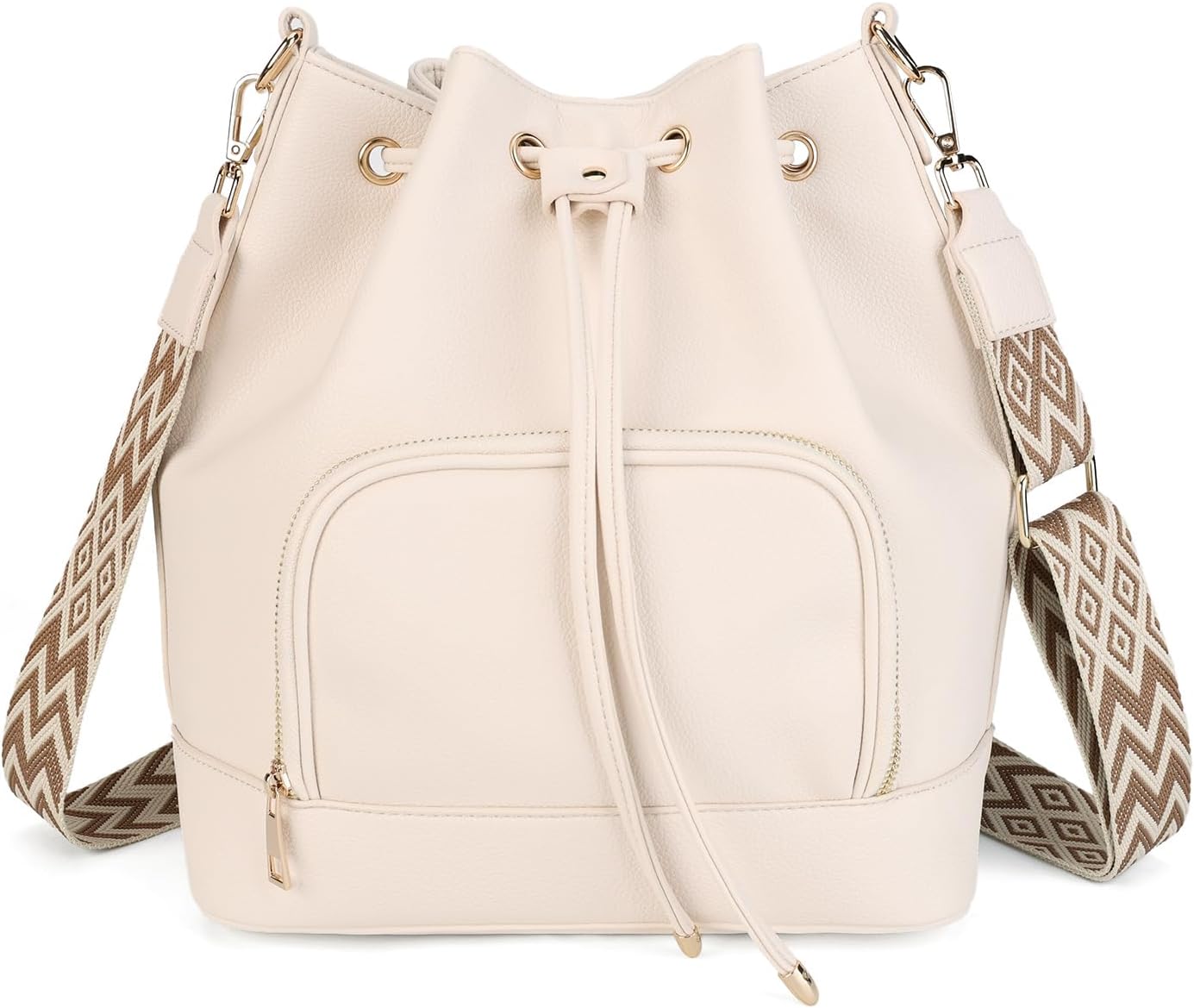 Women's Vegan Leather Drawstring Bucket Bag with Wide Strap