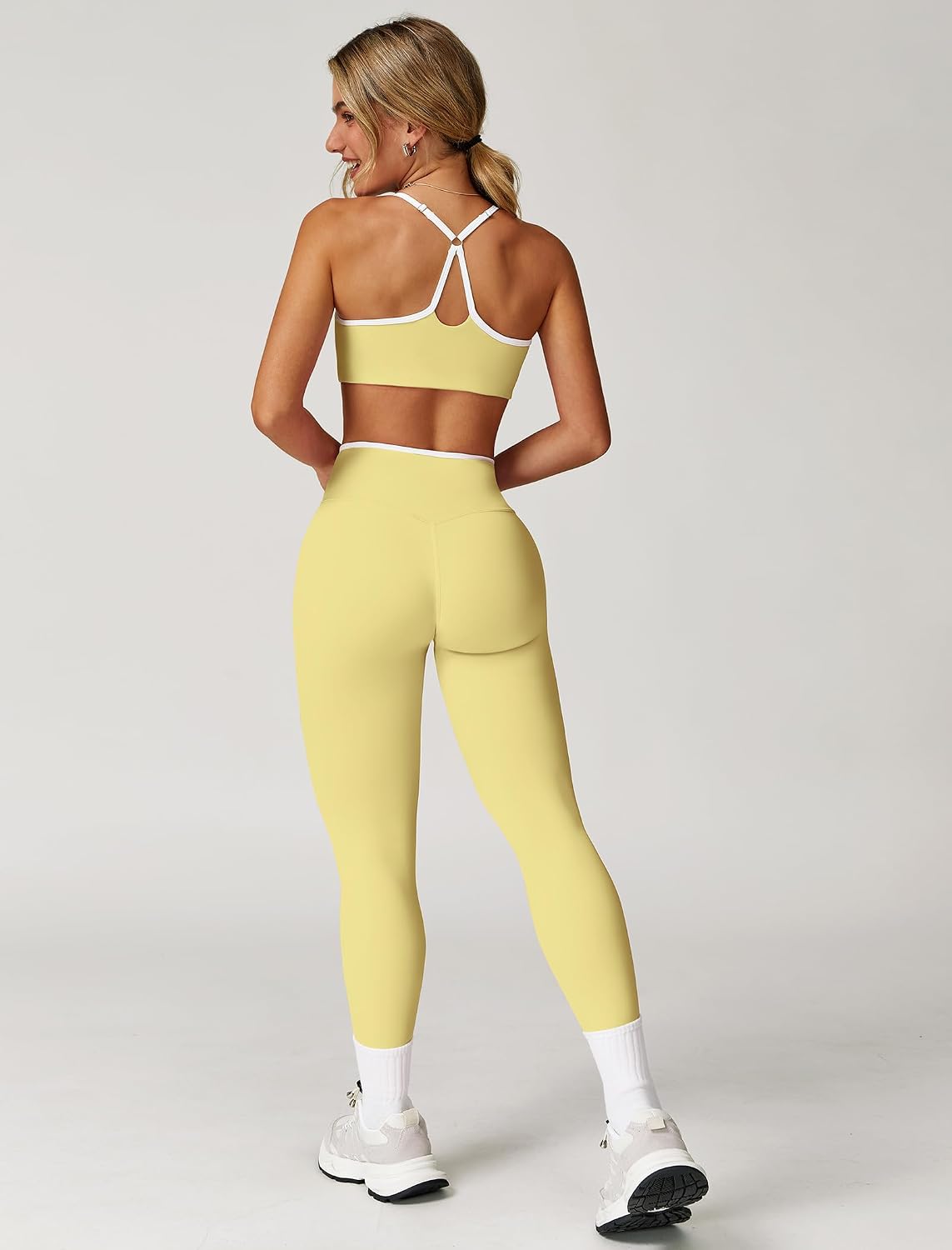 Women's Workout Set Strappy Sports Bra Leggings Yellow