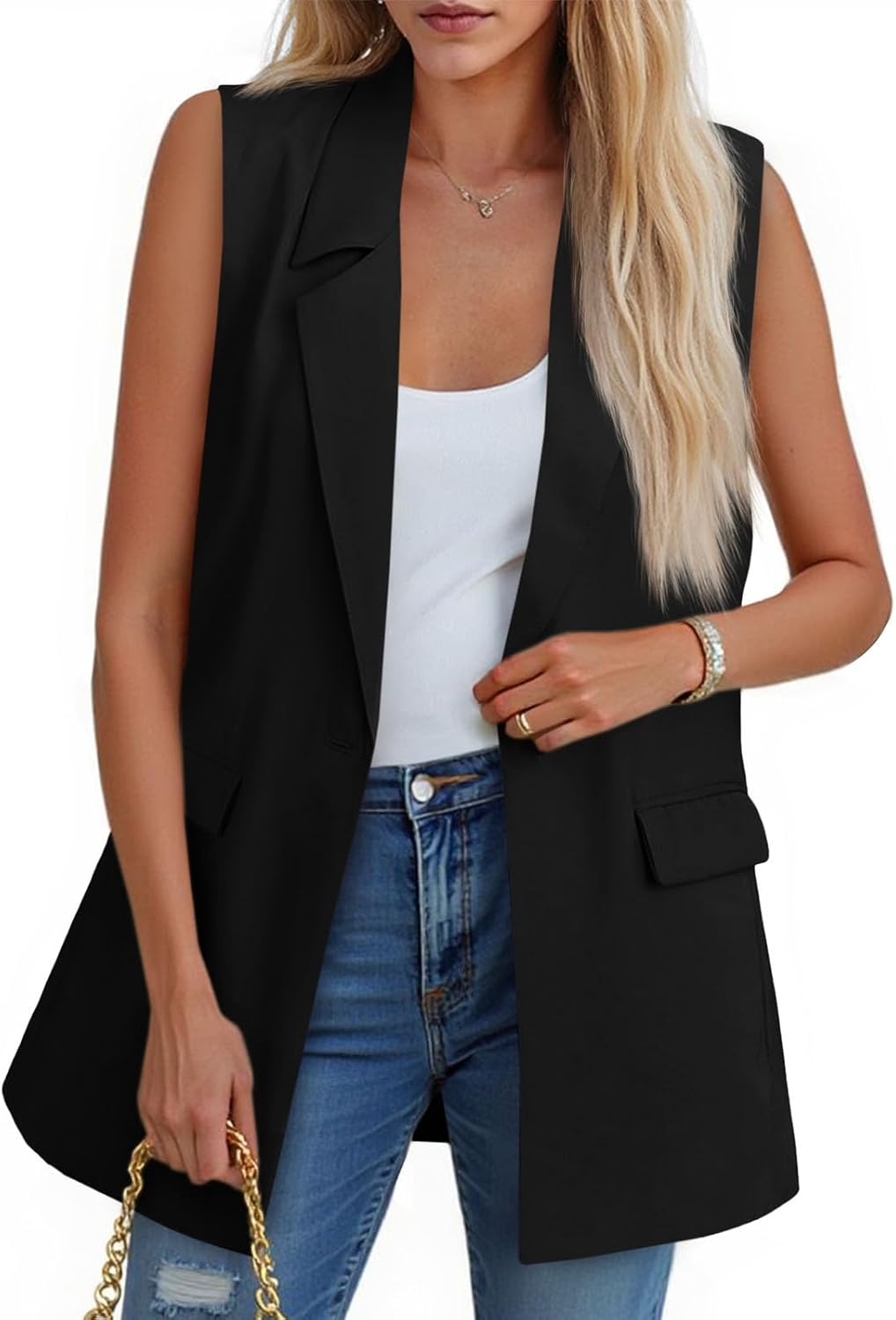 Women's Open Front Blazer Vest Lapel Longline with Pockets