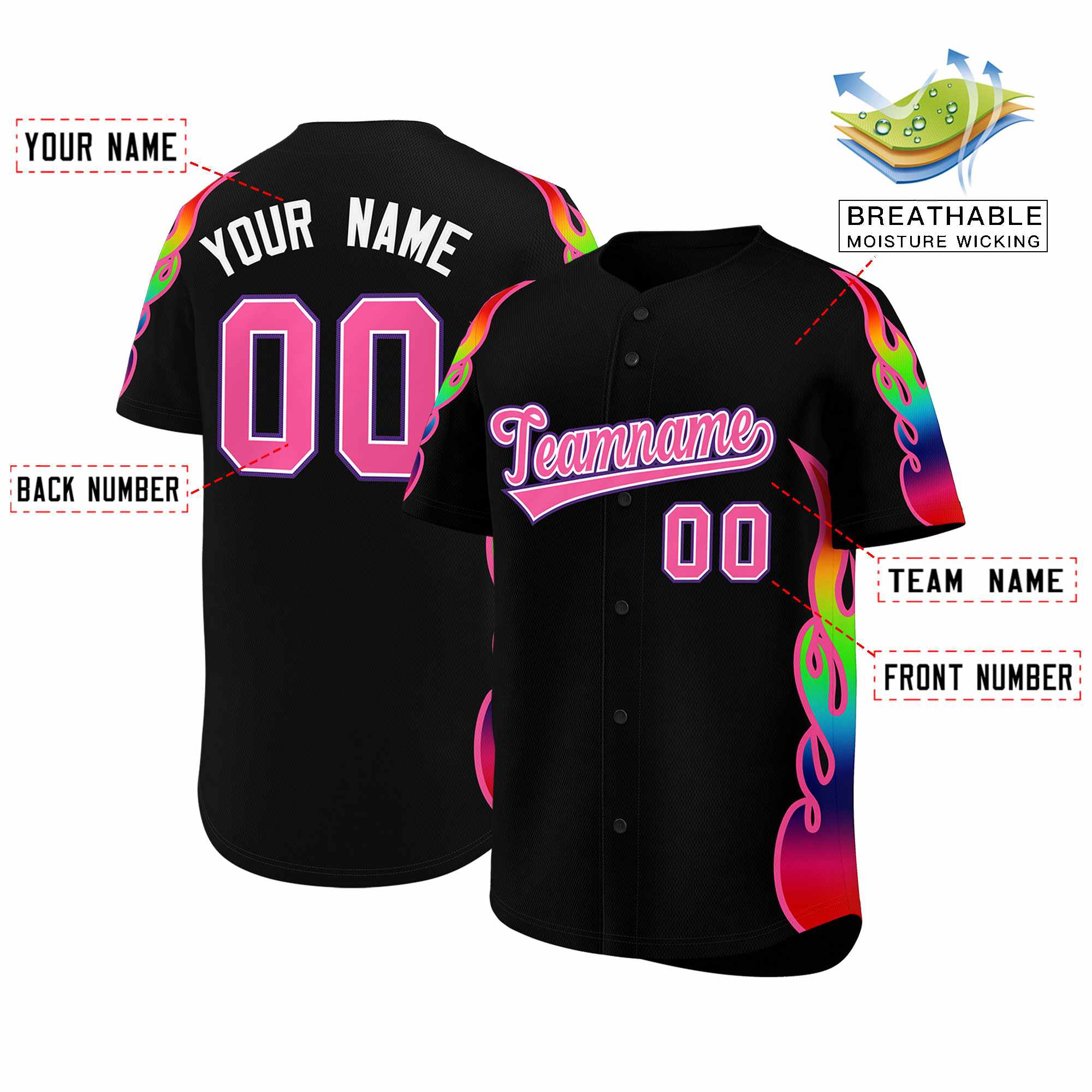 Benutzerdefiniertes Graffiti-Muster, personalisierter mehrfarbiger Flammendruck, authentisches Baseball-Trikot