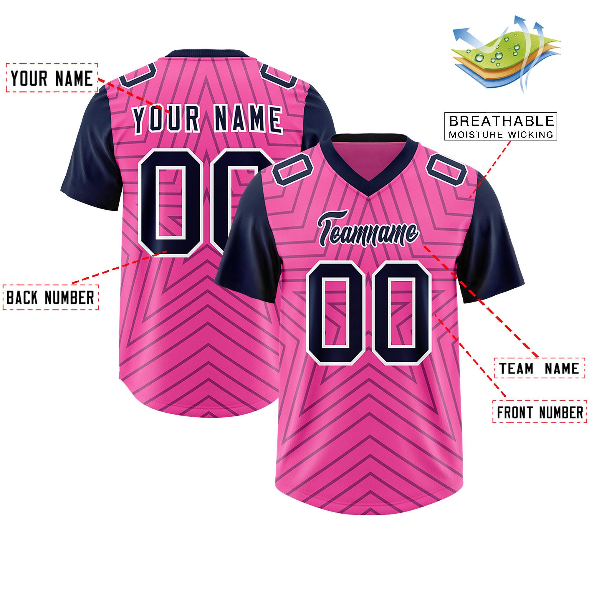 Individuell personalisiertes, authentisches Fußballtrikot mit Raglanärmeln und Sternenmuster