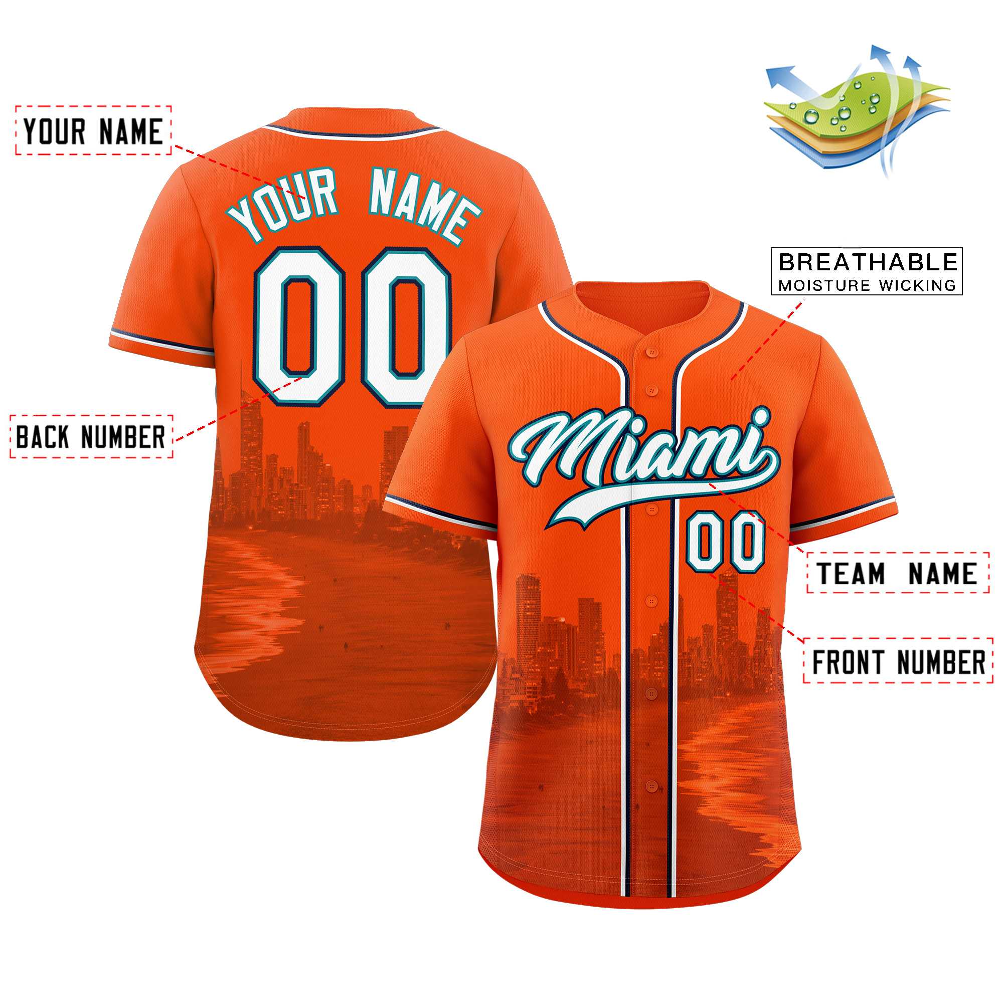 Benutzerdefiniertes Miami City Skyline Baseball-Trikot Benutzerdefiniertes Miami City Skyline Baseball-Trikot