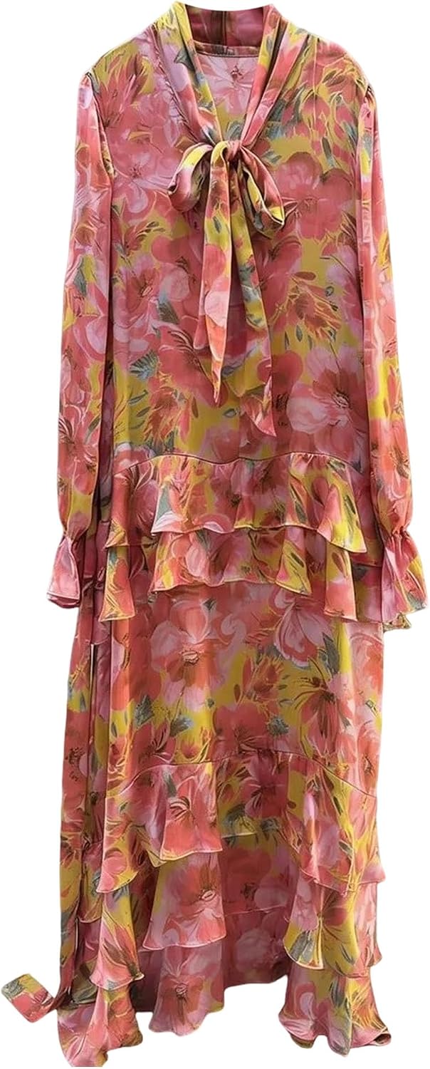 Women's Floral Tie Neck Maxi Dress Long Sleeve Ruffle