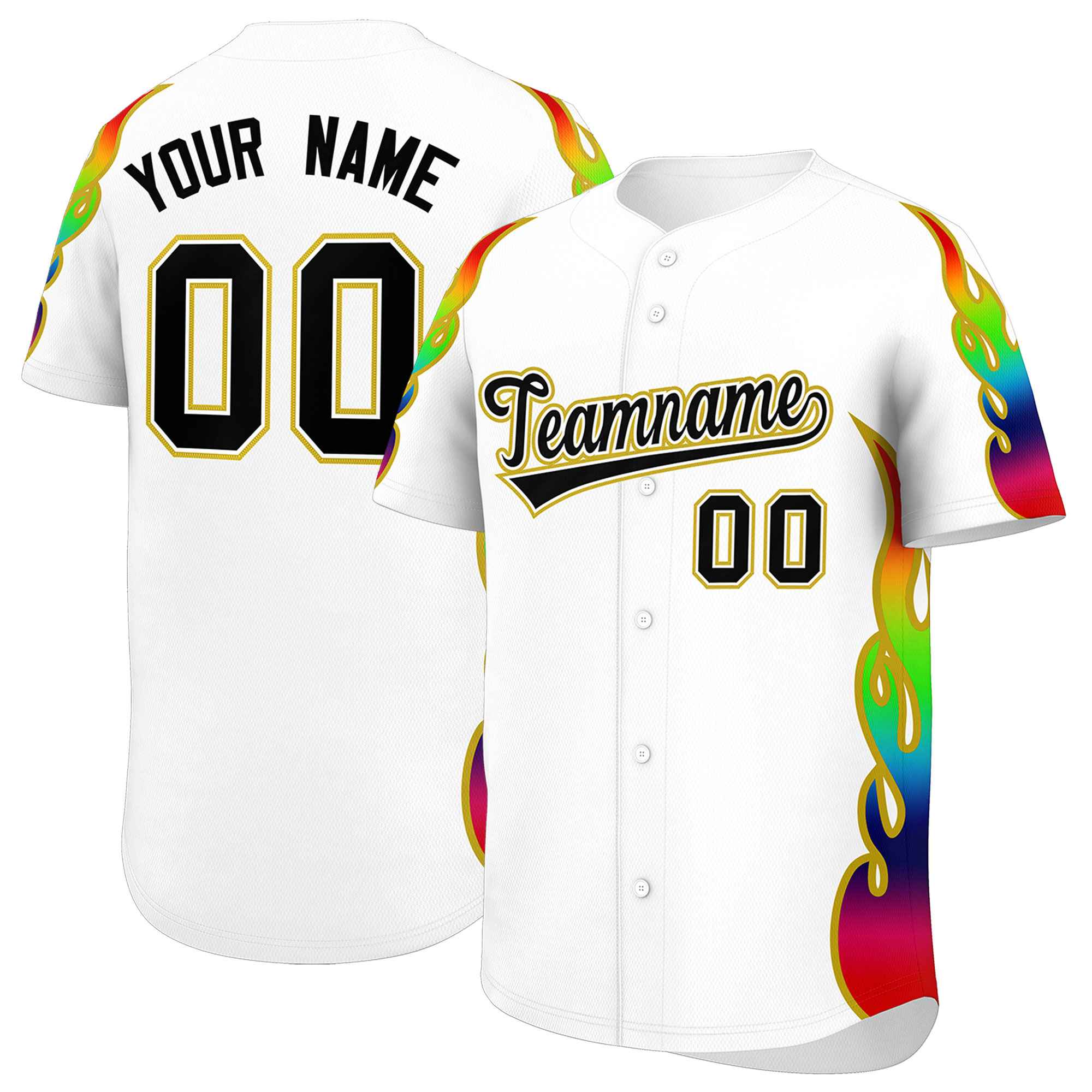 Benutzerdefiniertes Graffiti-Muster, personalisierter mehrfarbiger Flammendruck, authentisches Baseball-Trikot