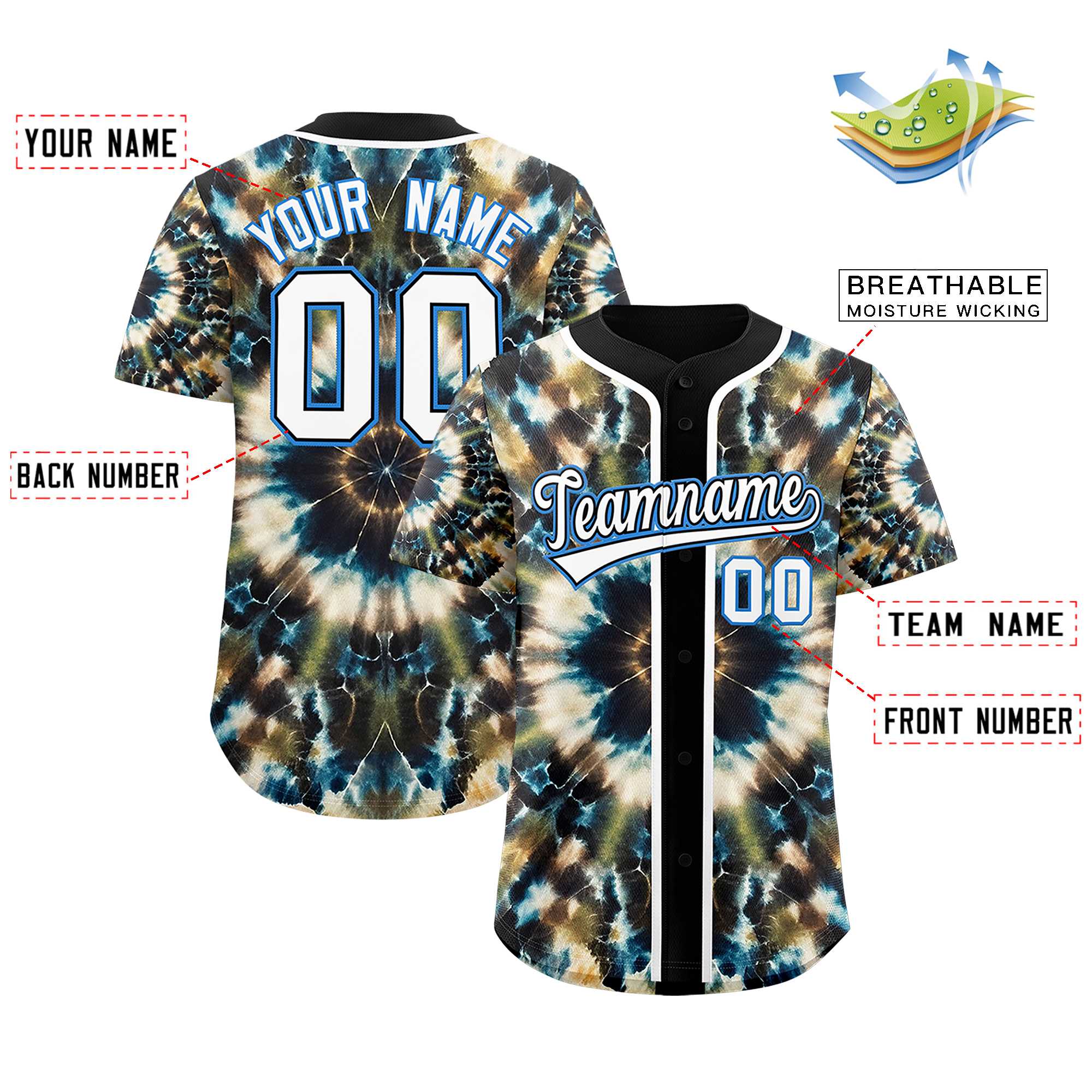 Authentisches Baseball-Trikot mit individuellem Tie-Dye-Graffiti-Muster Authentisches Baseball-Trikot mit individuellem Tie-Dye-Graffiti-Muster
