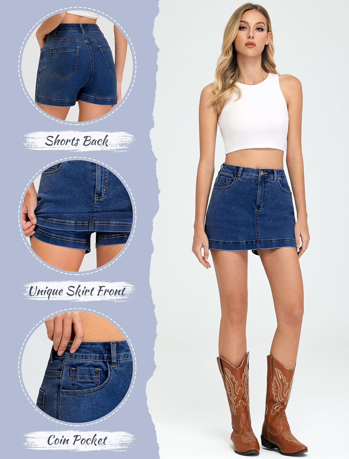 Women's High Waisted Denim Skort with Shorts Blue