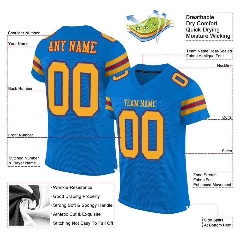 Maßgeschneidertes authentisches Panther-Fußballtrikot aus Mesh in Blau, Gold und Rot im klassischen Stil