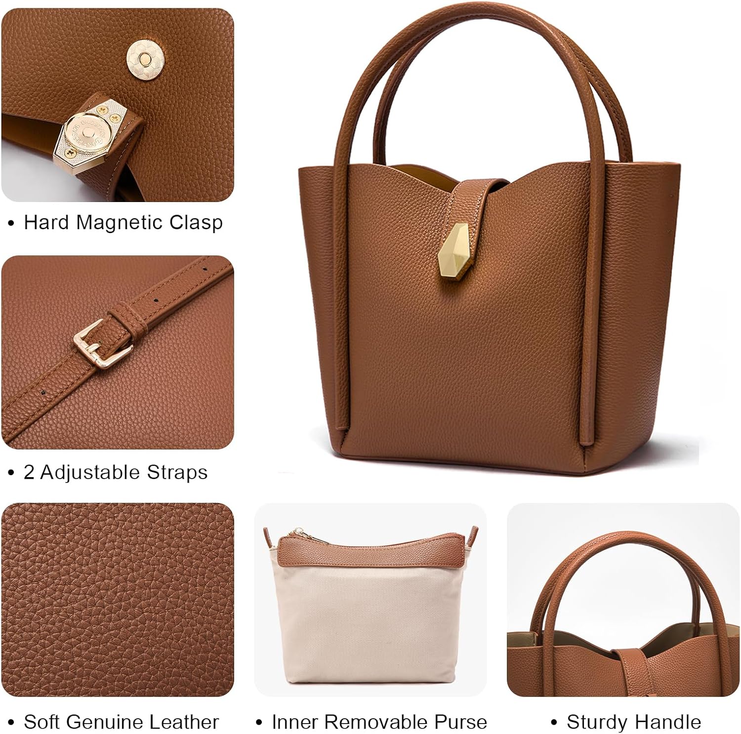 Women's Genuine Leather Bucket Tote Bag Brown