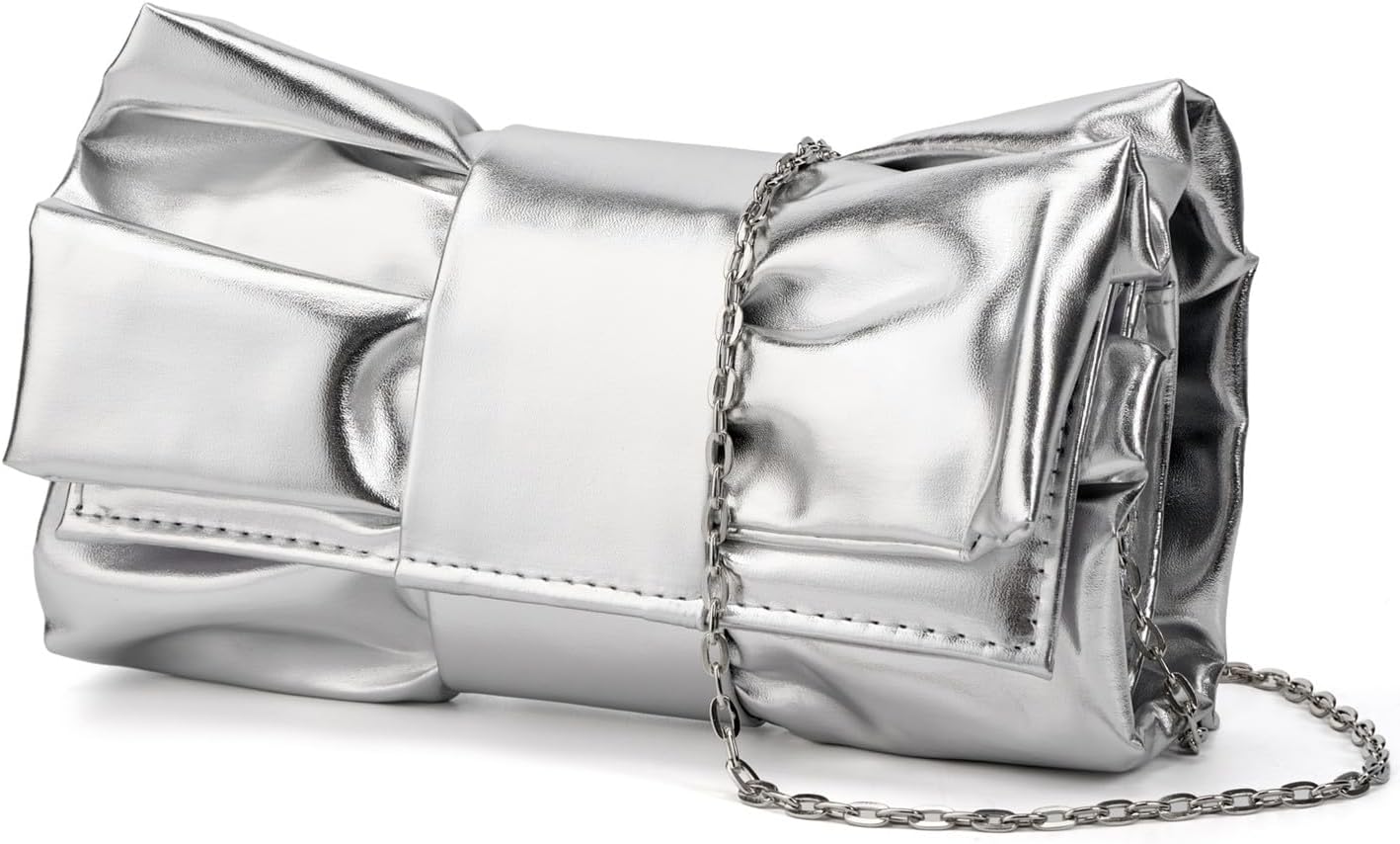 Women's Metallic Bow Clutch Silver Evening Bag with Chain Women's Metallic Bow Clutch Silver Evening Bag with Chain