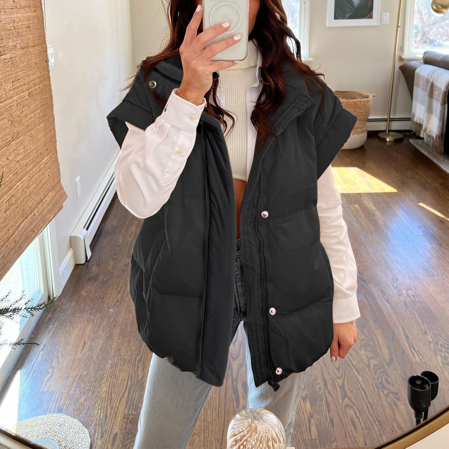 Women's Puffer Vest Stand Collar Snap Front Padded Jacket