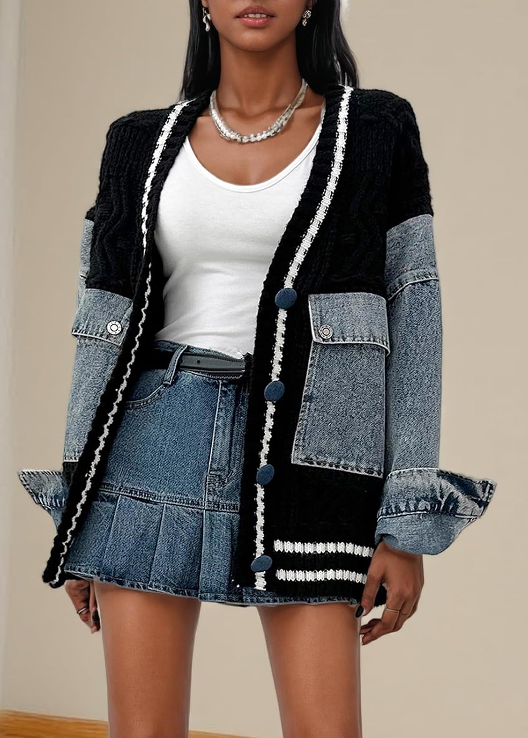 Women Open Front Sweater Cardigan Denim Patchwork Long Sleeve Chunky Knit Button Down Jackets with Pockets