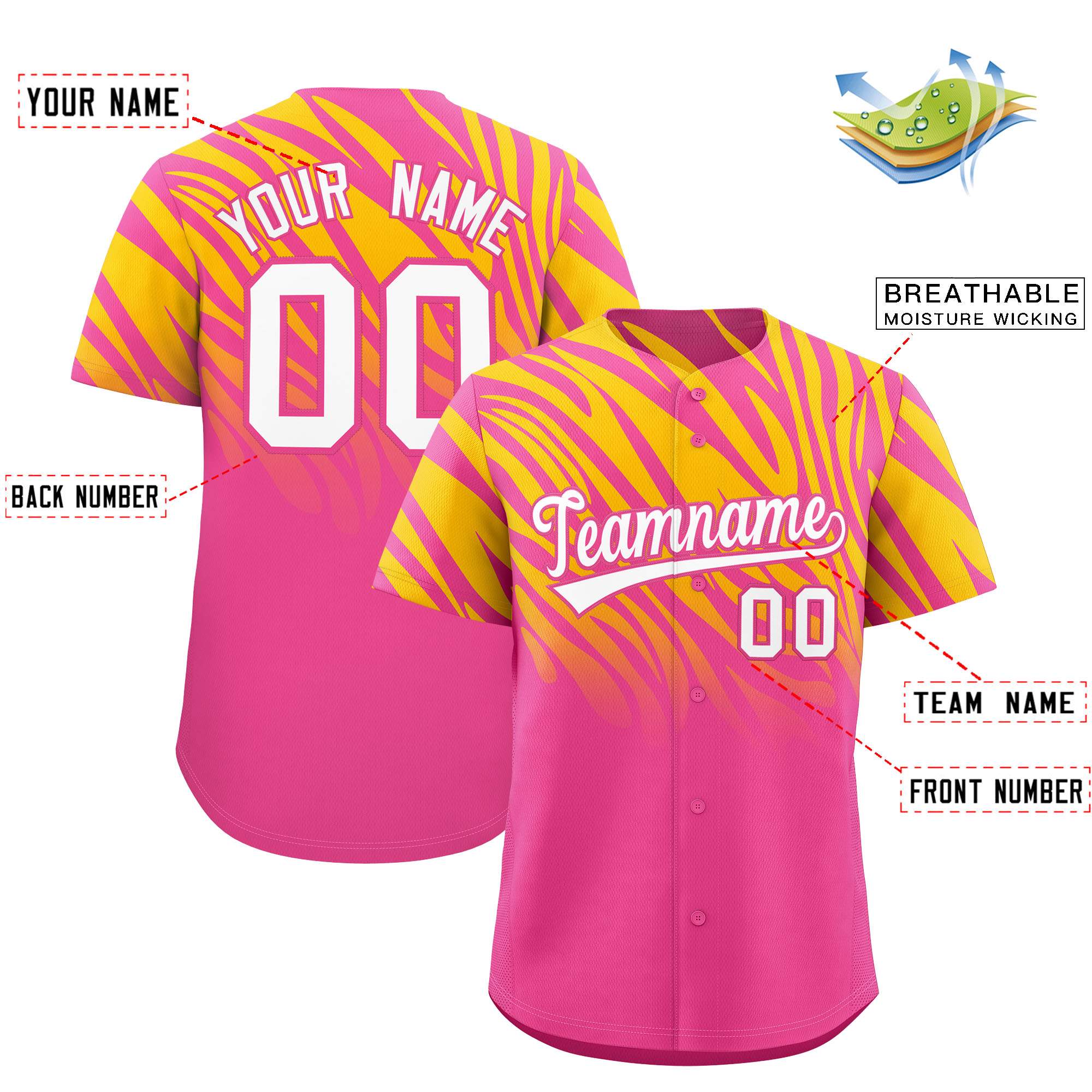 Benutzerdefiniertes Team-Shirt mit Tiger-Streifen und Farbverlauf und Tierdruck, Baseball-Trikot