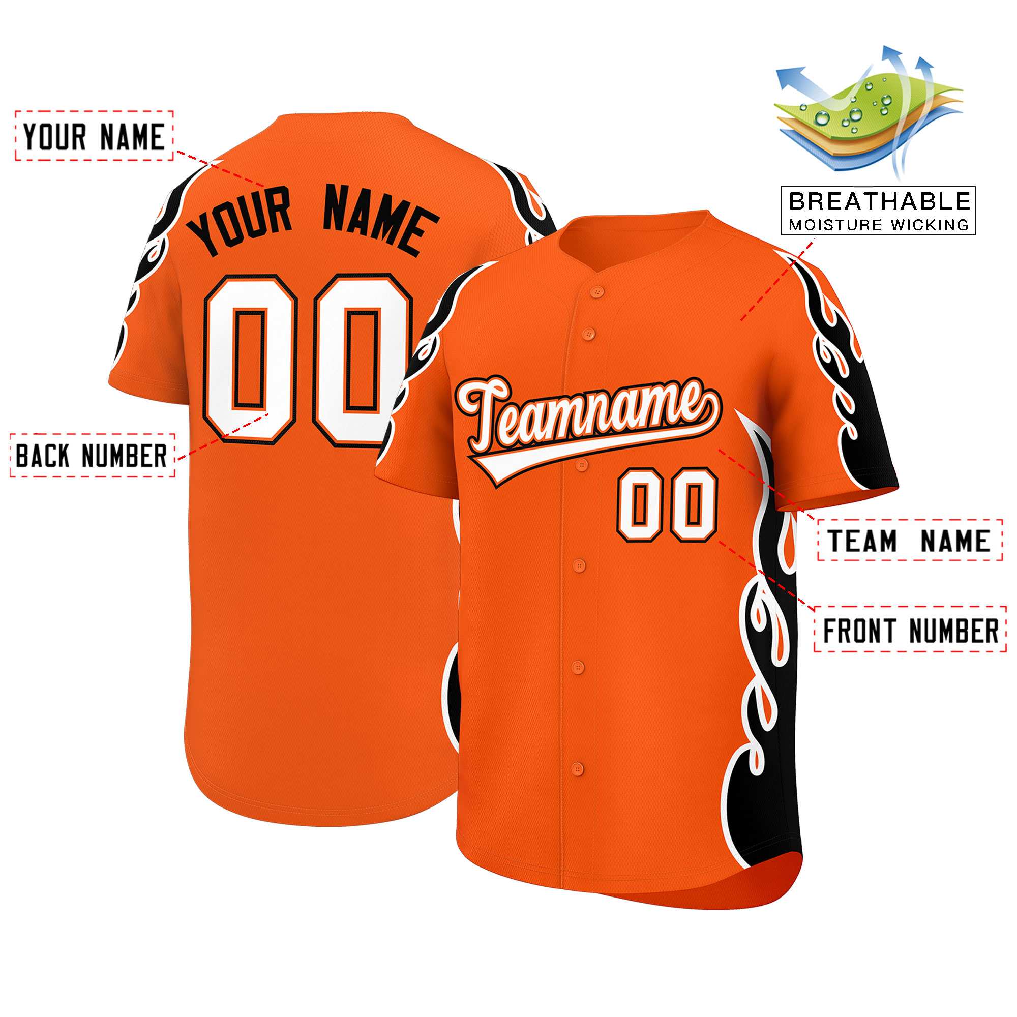 Benutzerdefiniertes Baseball-Trikot mit Seitenflammen-Umrissmuster für Sportuniformen
