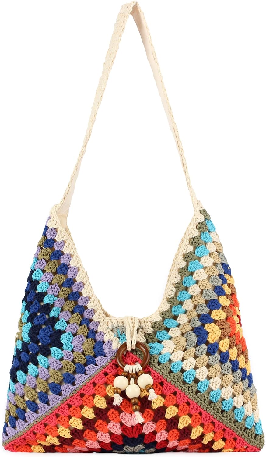 Women's Crochet Granny Square Hobo Shoulder Bag, Multicolor