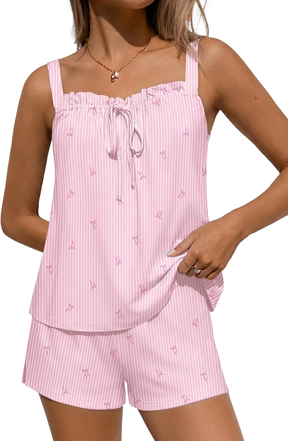Women's Pink Striped Bow Print Cami Pajama Set