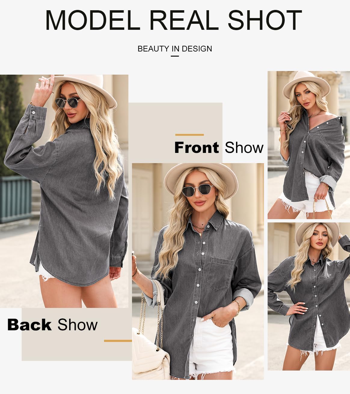 Women's Washed Denim Button Down Shirt Oversized Collared