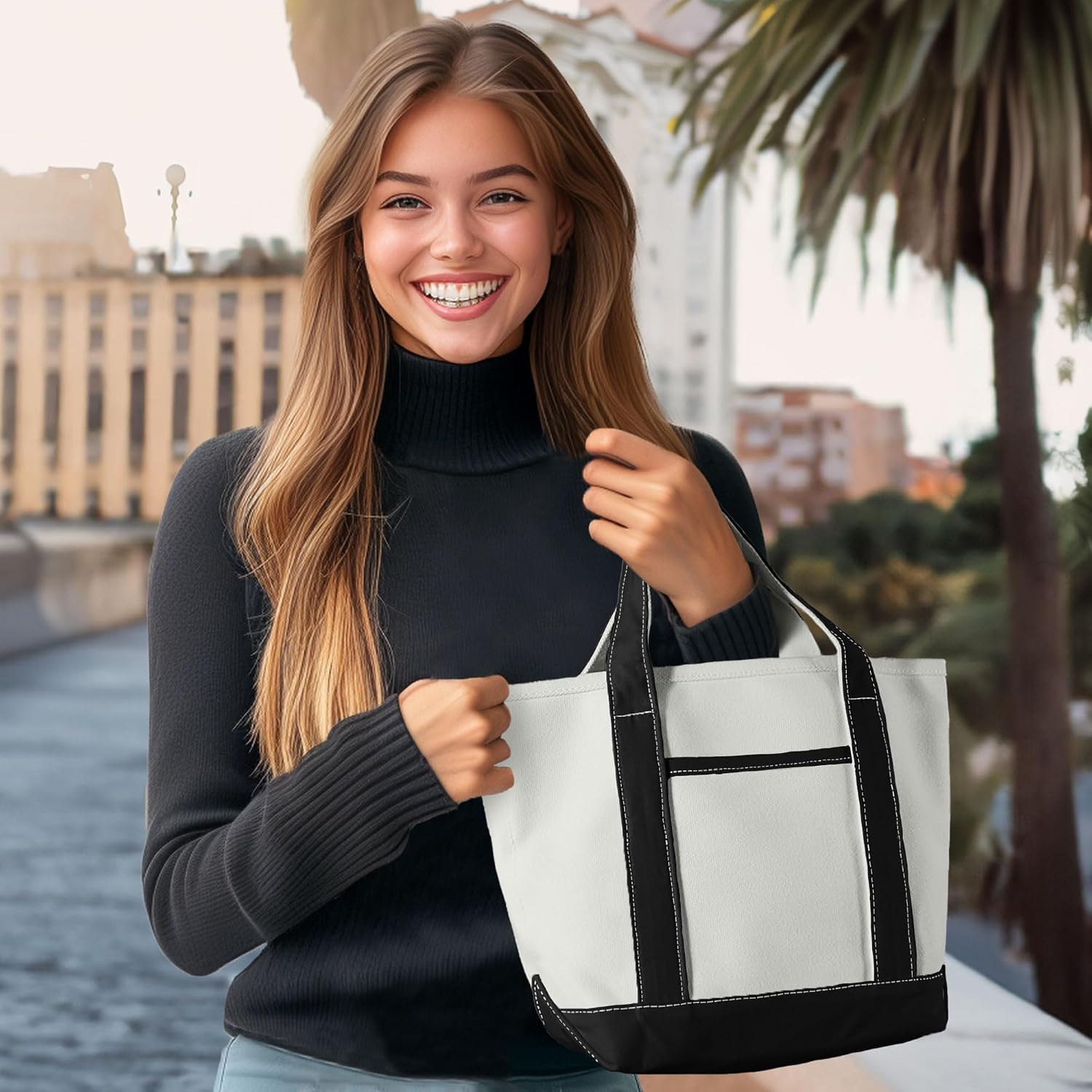 Women's Cotton Canvas Tote Bag White Black Women's Cotton Canvas Tote Bag White Black