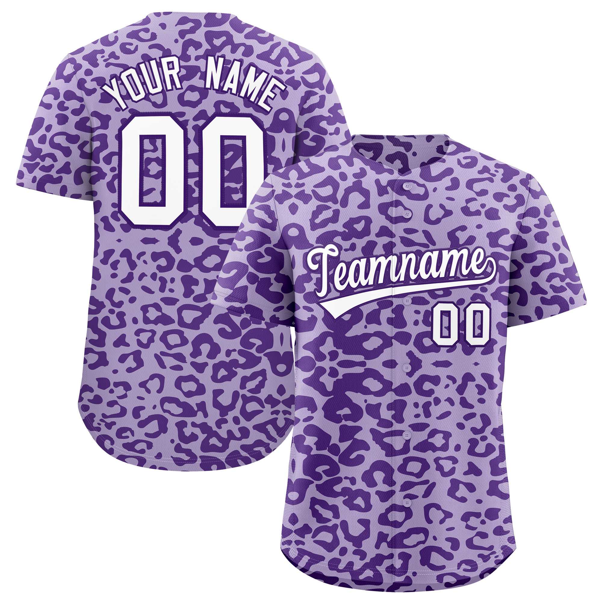 Benutzerdefiniertes authentisches Baseball-Trikot mit hellviolettem Leopardenmustermuster