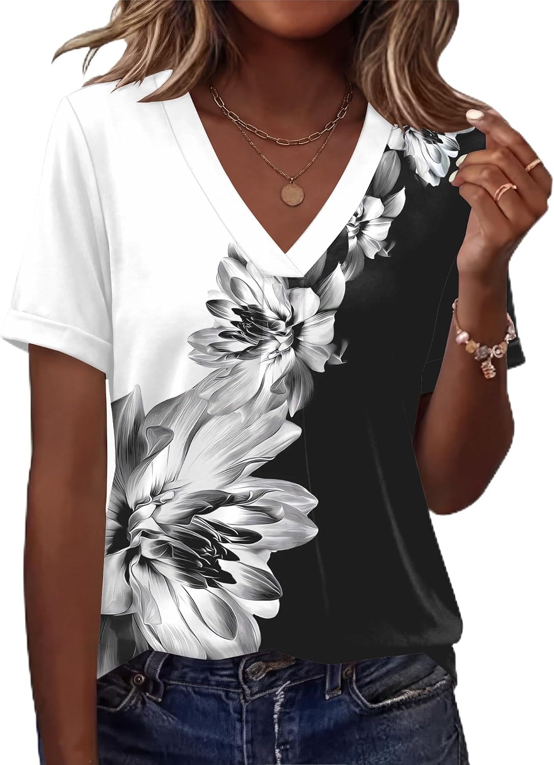 Women's Dahlia Print V Neck T-Shirt Black White