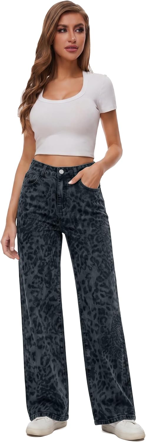 Women's Leopard Print Wide Leg Pants Summer Lightweight Straight Trousers Trendy Retro