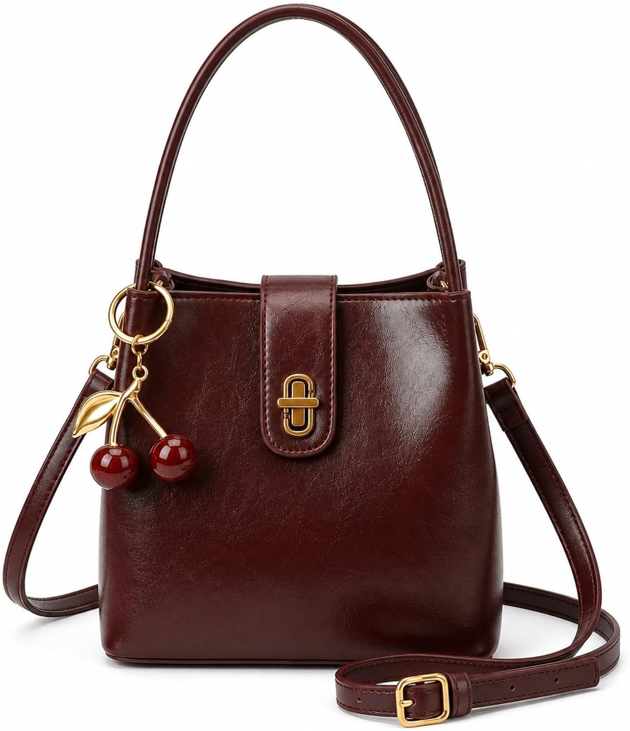 Women's Vegan Leather Bucket Bag with Cherry Charm Burgundy