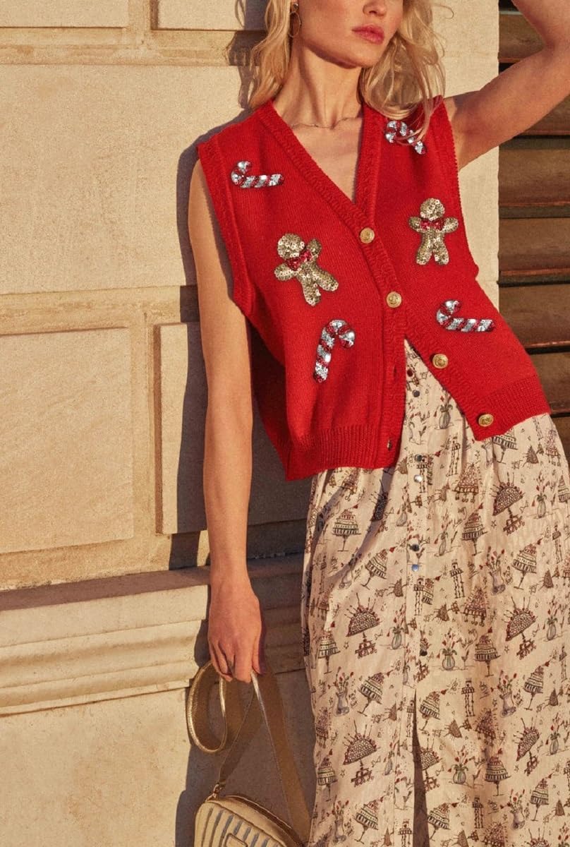 Women's Sequin Gingerbread V Neck Sweater Vest