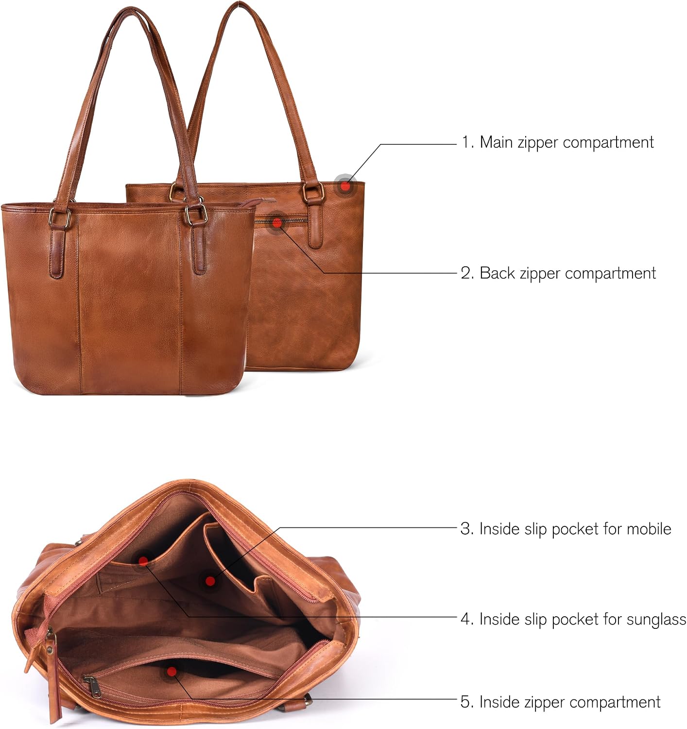Women's Vegan Leather Tote Bag Brown Zipper