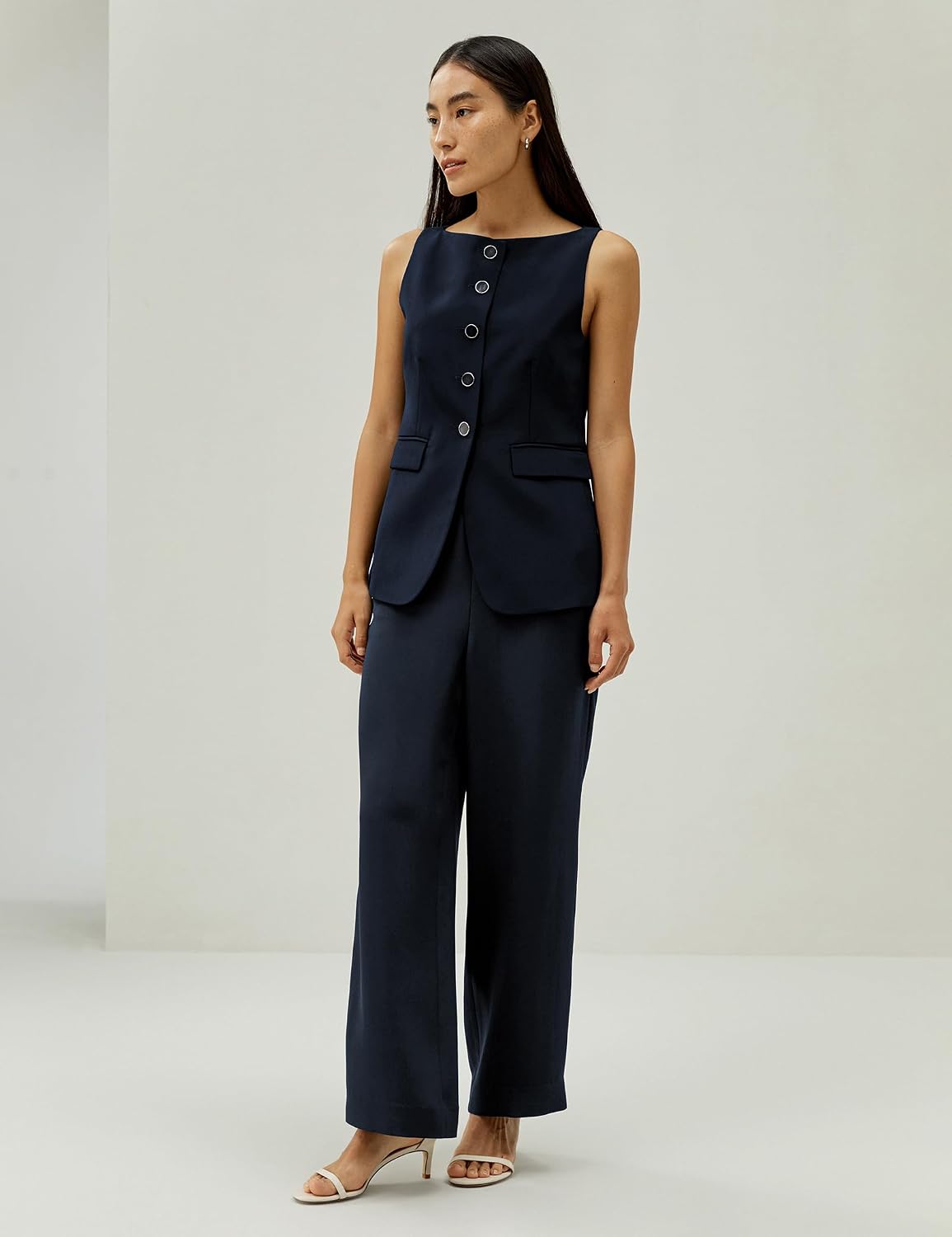 Women's Silk Button Front Blazer Vest Navy Sleeveless Waistcoat