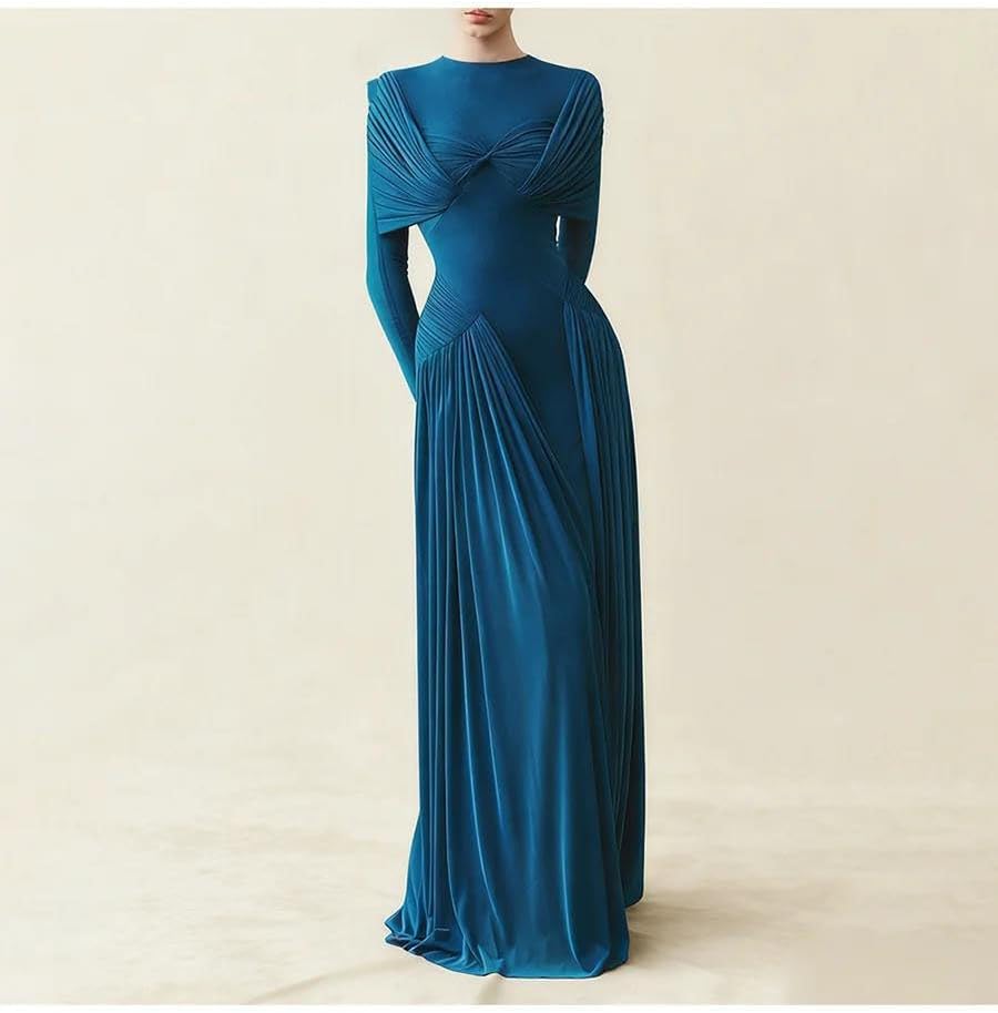Women's Draped Ruched Maxi Dress Long Sleeve Teal Blue