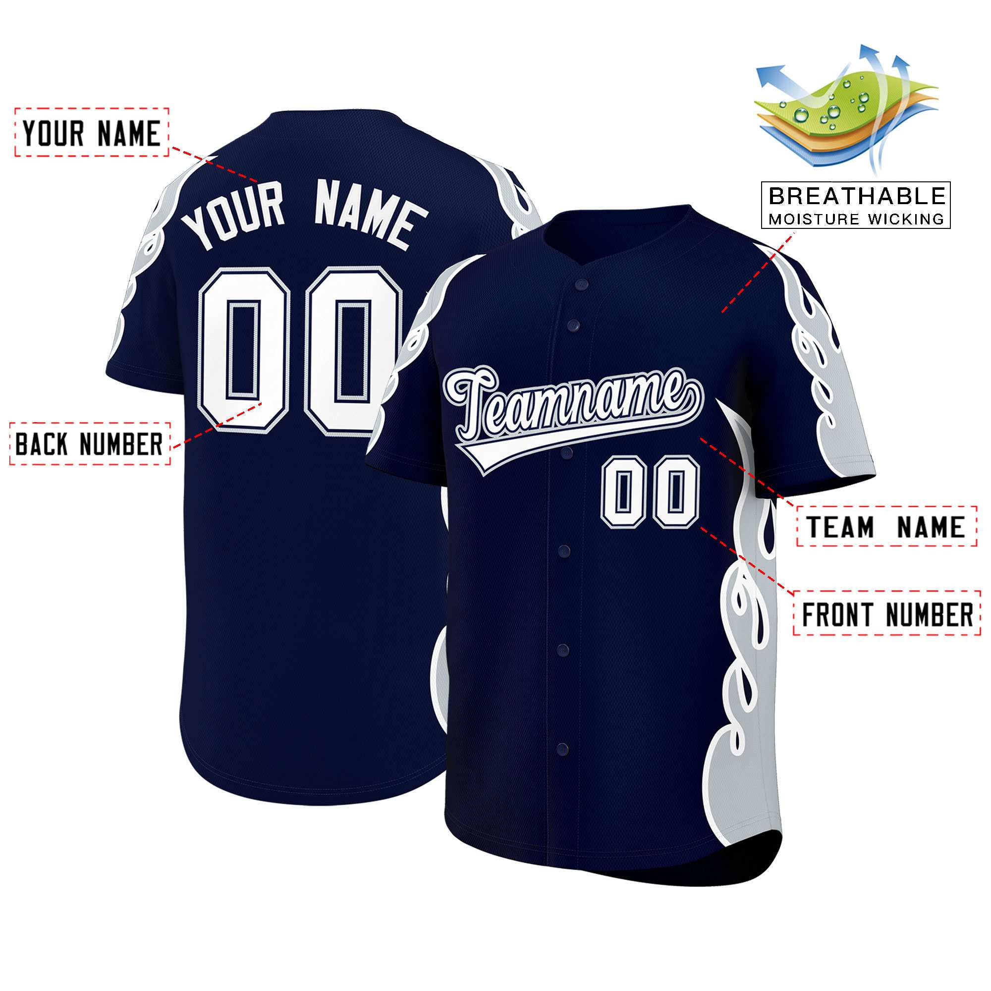 Benutzerdefiniertes Baseball-Trikot mit Seitenflammen-Umrissmuster für Sportuniformen
