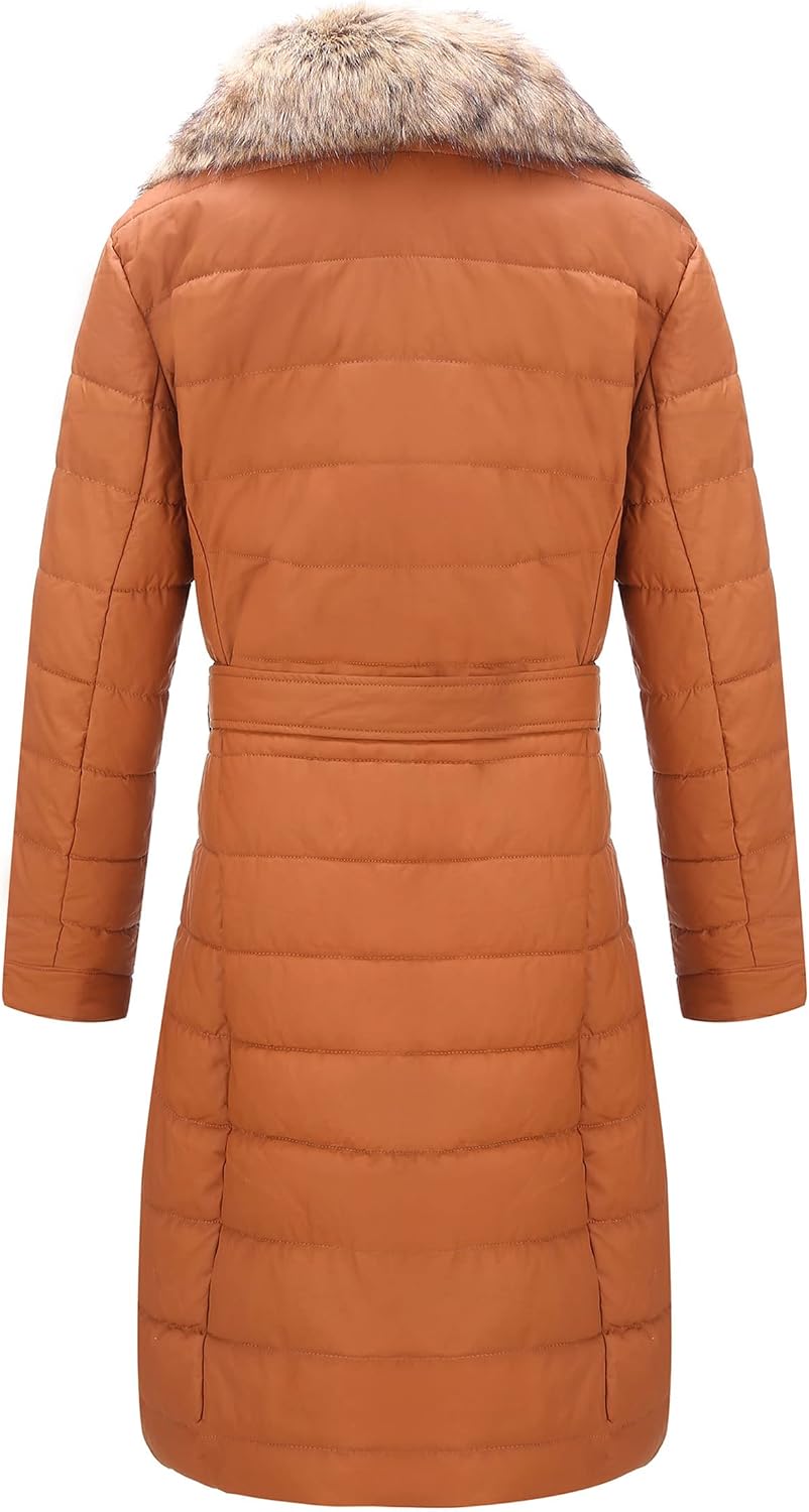 Women's Long Belted Puffer Coat Faux Fur Collar Camel