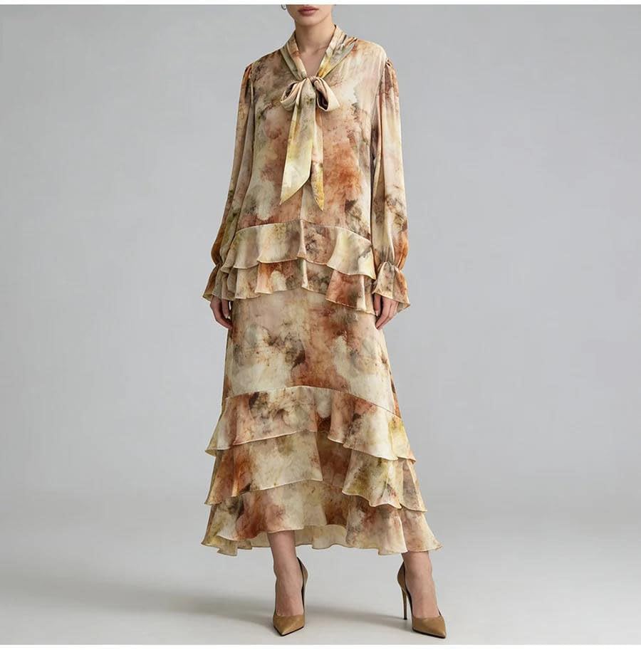 Women's Floral Tie Neck Maxi Dress Long Sleeve Ruffle