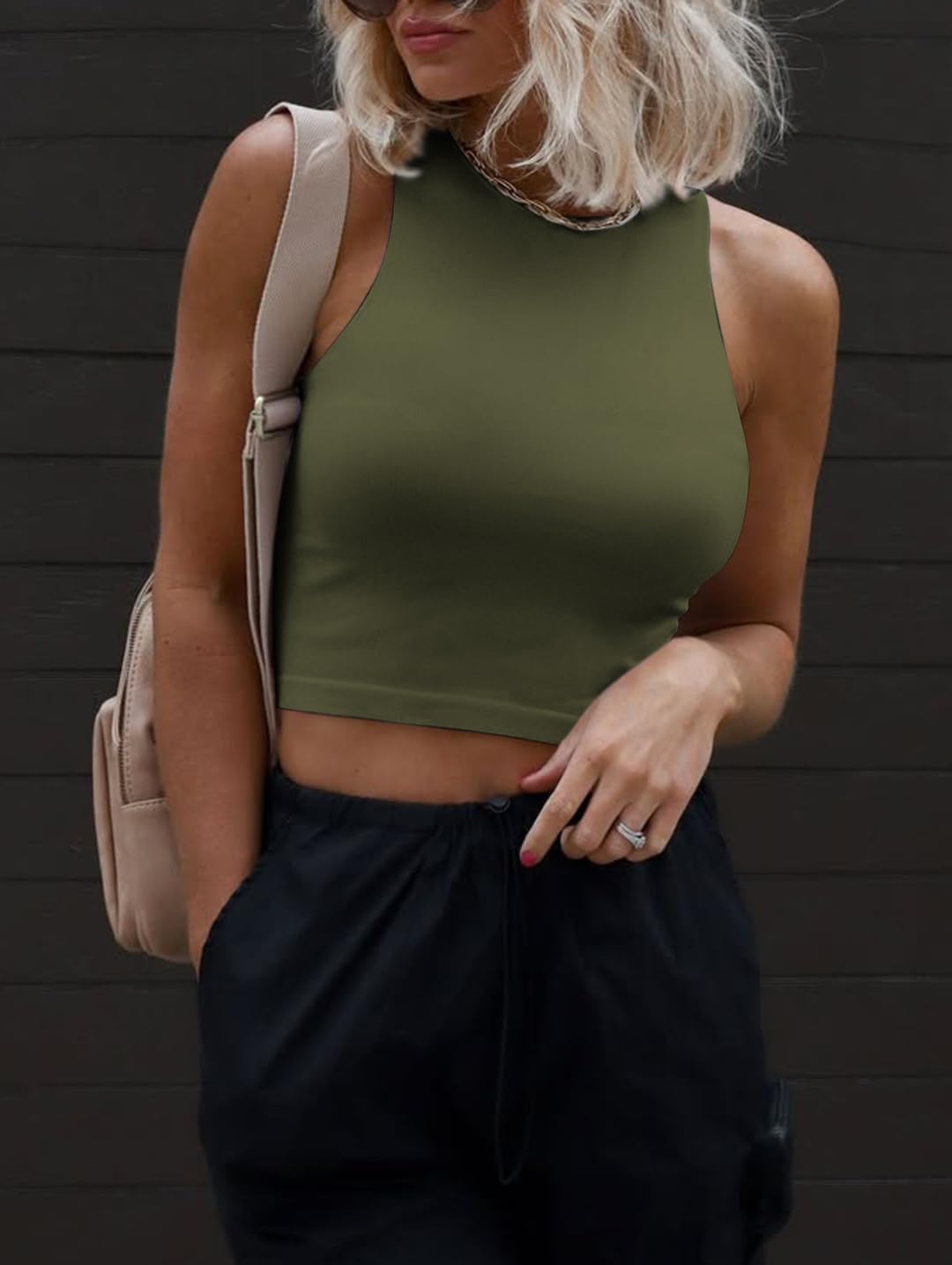 Women's Double Lined High Neck Crop Tank Olive