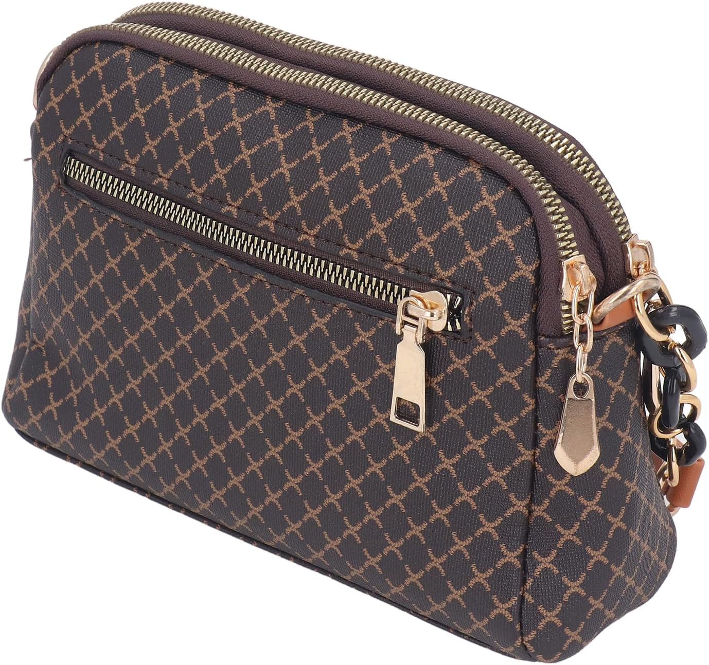 Women's Vintage Diamond Print Chain Shoulder Satchel Brown Women's Vintage Diamond Print Chain Shoulder Satchel Brown