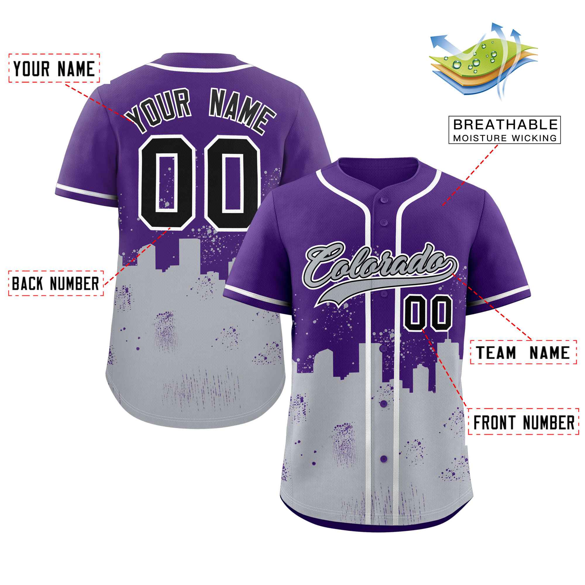 Benutzerdefinierte lila grau personalisierte authentische Colorado City Nightscape Baseball Jersey Benutzerdefinierte lila grau personalisierte authentische Colorado City Nightscape Baseball Jersey