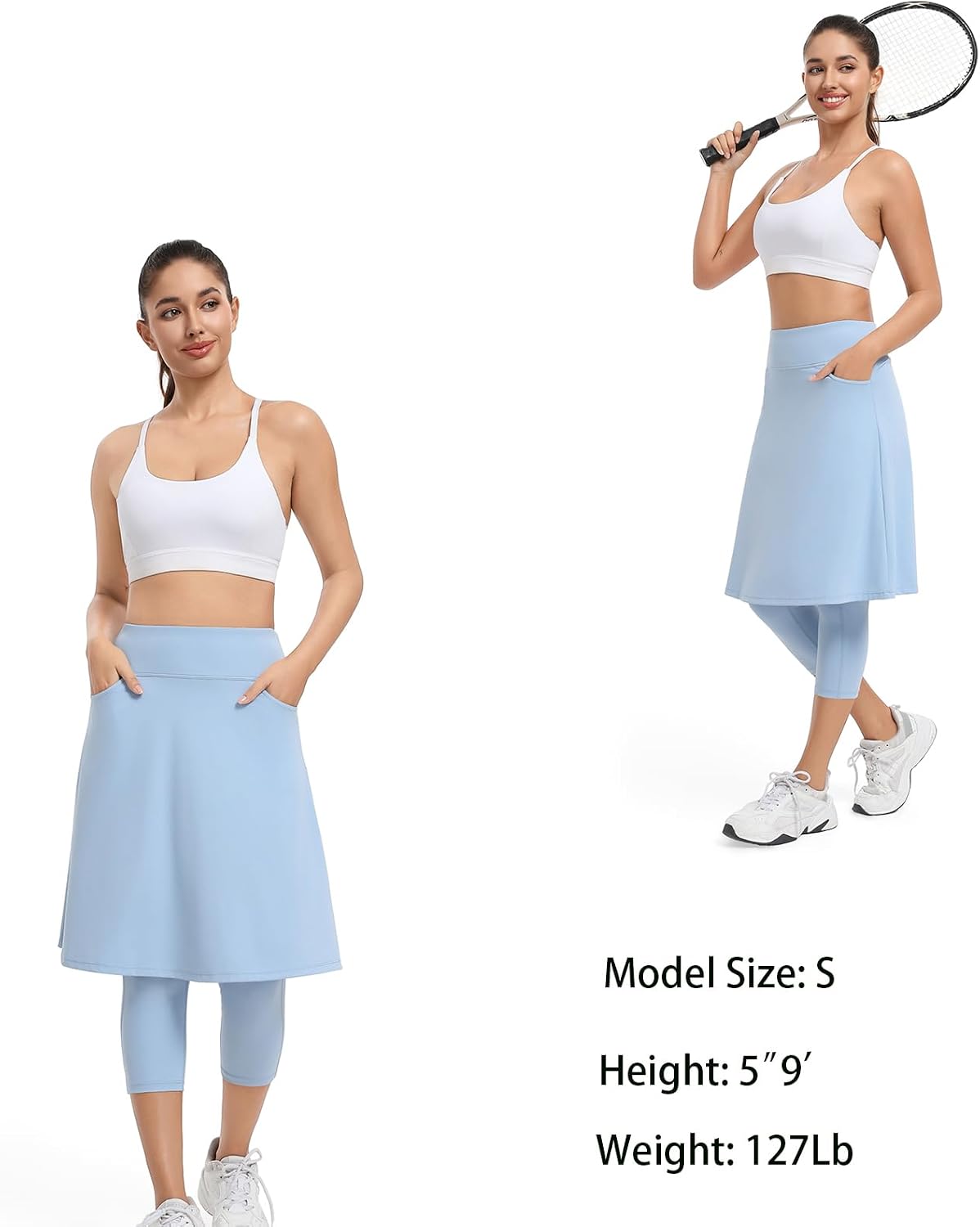 Women Athletic Knee Length Skirts with Leggings Yoga Skorts Leggings Arc-Shaped Pockets&Women Skirted Capris Skorts