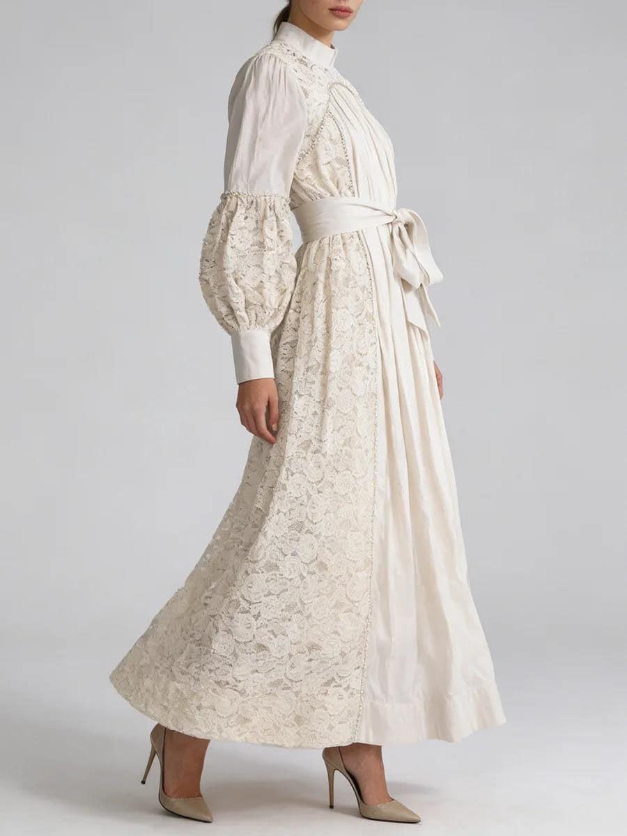 Women's Lace Patchwork Maxi Dress Lantern Sleeve Tie Waist