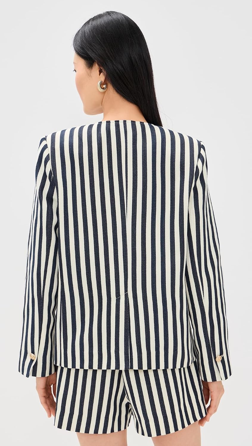 Women's Striped Gold Button Collarless Jacket Navy